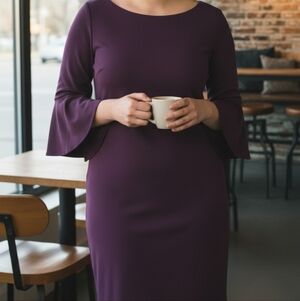 Calvin Klein Plum Bell Sleeve Sheath Dress – Elegant Minimalist Chic Aesthetic